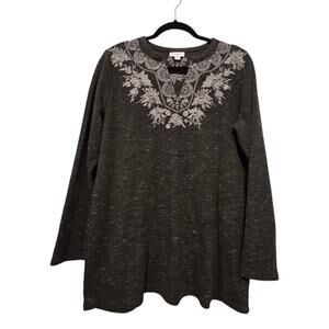 J Jill Embroidered Thermal Top Womens MED Heather Grey Boho Cottagecore Comfy